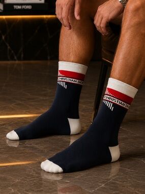 Dior Navy Crew Socks with Red & White Logo Trim